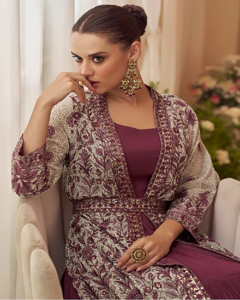 Wine Purple Jacket Style Wedding Anarkali Suit - Image 2