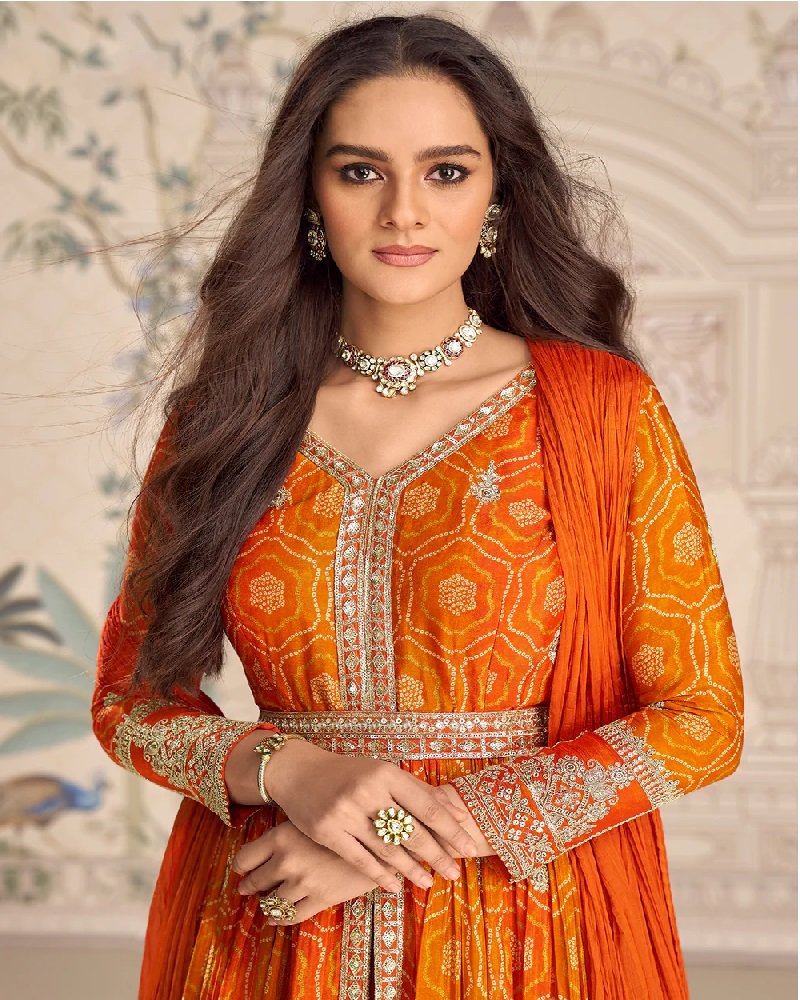 Orange Slit Frock Style Designer Anarkali Dress - Image 11