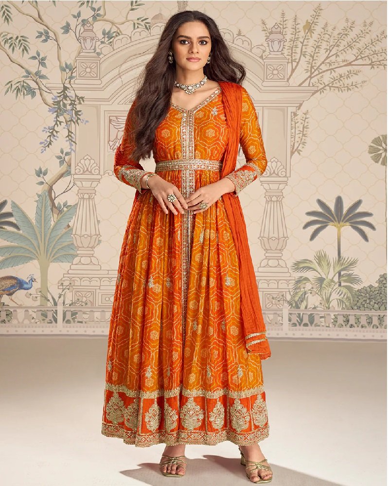 Orange Slit Frock Style Designer Anarkali Dress - Image 8
