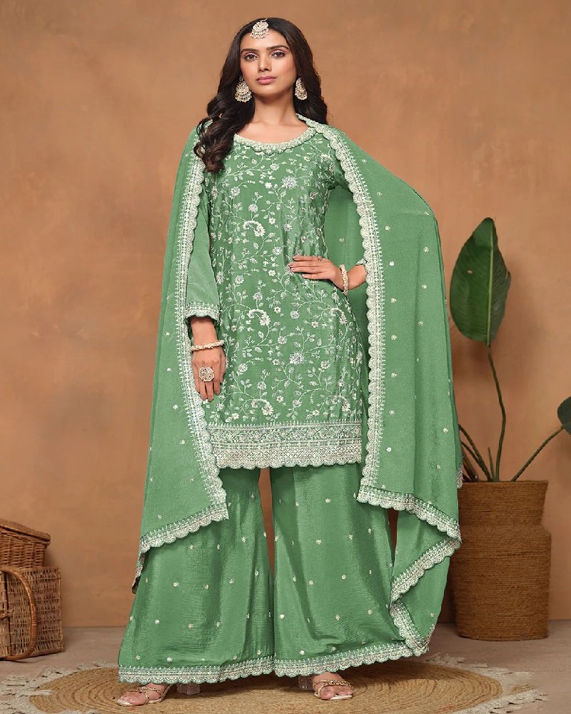 Elegant Chinon Silk Resham & Sequins Palazzo Suit - Image 5