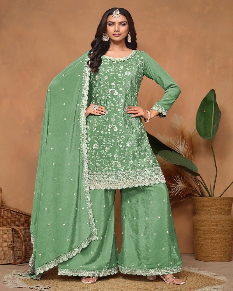 Elegant Chinon Silk Resham & Sequins Palazzo Suit - Image 8