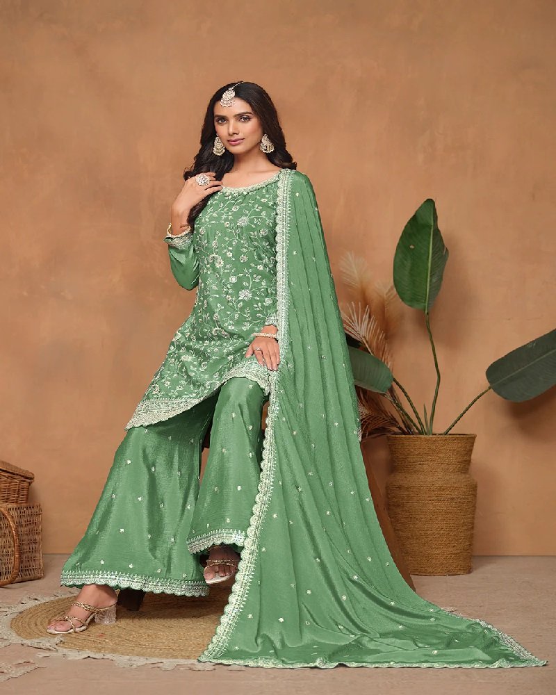 Elegant Chinon Silk Resham & Sequins Palazzo Suit - Image 7