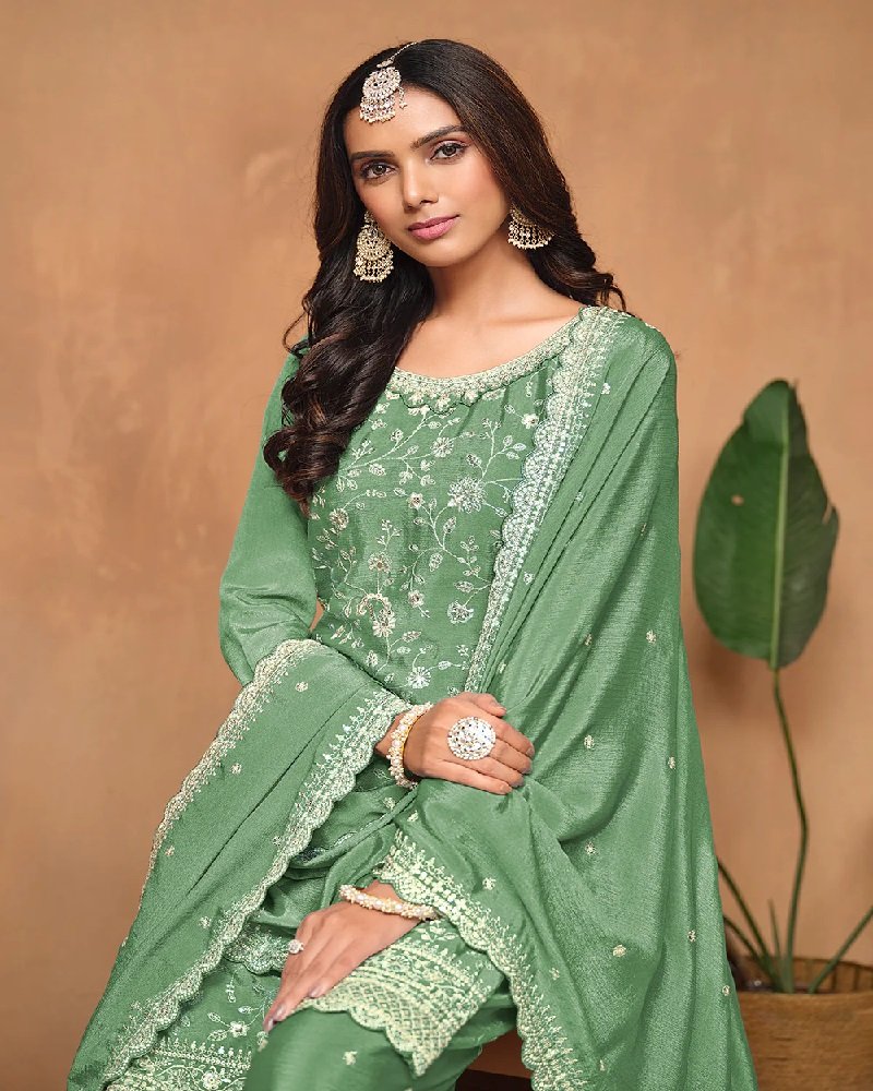 Elegant Chinon Silk Resham & Sequins Palazzo Suit - Image 6