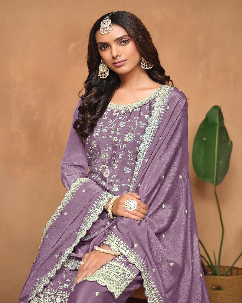 Elegant Chinon Silk Resham & Sequins Palazzo Suit - Image 16