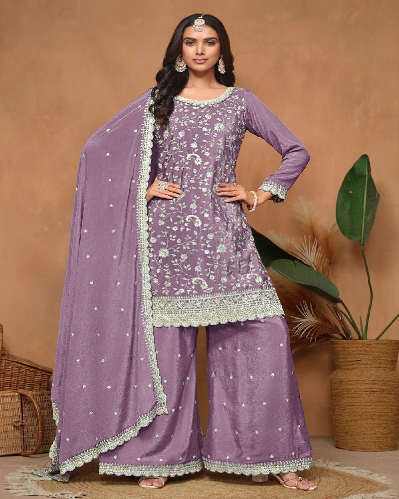 Elegant Chinon Silk Resham & Sequins Palazzo Suit - Image 15