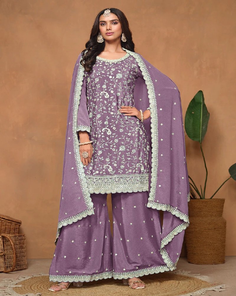 Elegant Chinon Silk Resham & Sequins Palazzo Suit - Image 14