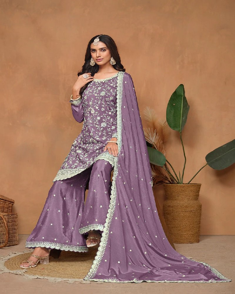 Elegant Chinon Silk Resham & Sequins Palazzo Suit - Image 13
