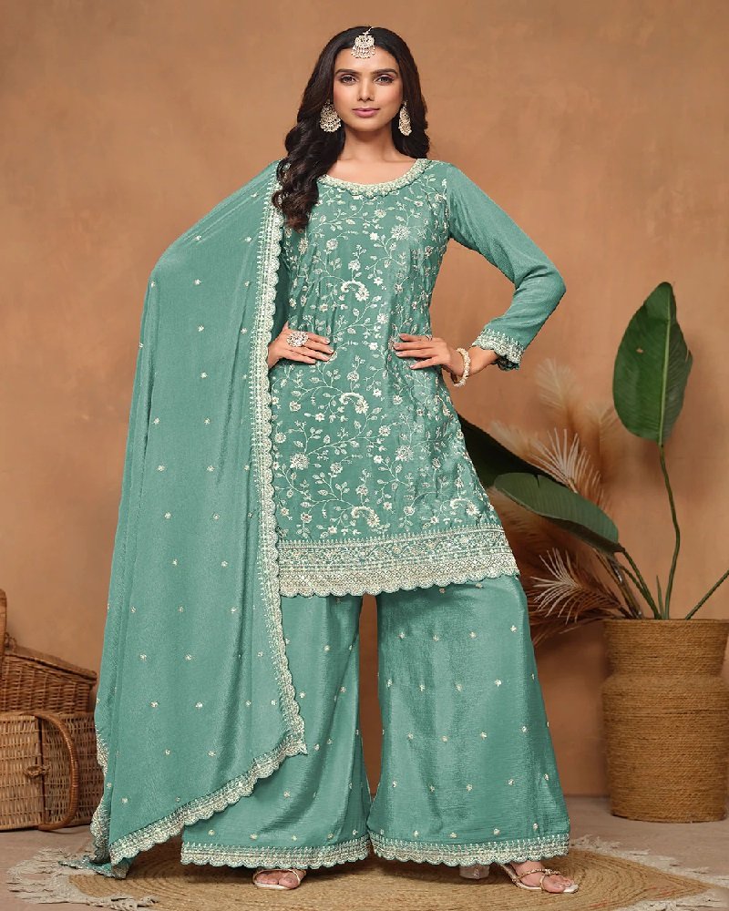 Elegant Chinon Silk Resham & Sequins Palazzo Suit - Image 4
