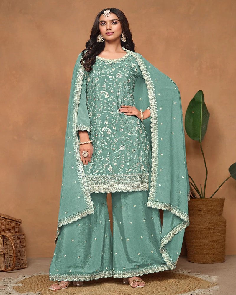 Elegant Chinon Silk Resham & Sequins Palazzo Suit