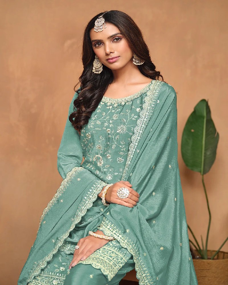 Elegant Chinon Silk Resham & Sequins Palazzo Suit - Image 3