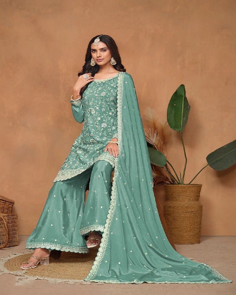 Elegant Chinon Silk Resham & Sequins Palazzo Suit - Image 2