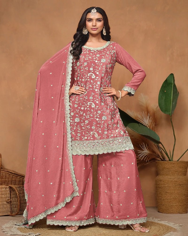 Elegant Chinon Silk Resham & Sequins Palazzo Suit - Image 12