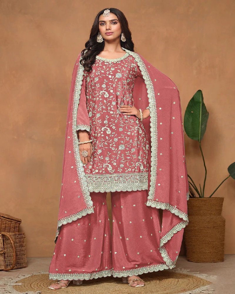 Elegant Chinon Silk Resham & Sequins Palazzo Suit - Image 11