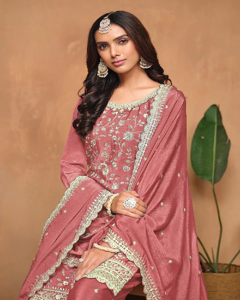 Elegant Chinon Silk Resham & Sequins Palazzo Suit - Image 10
