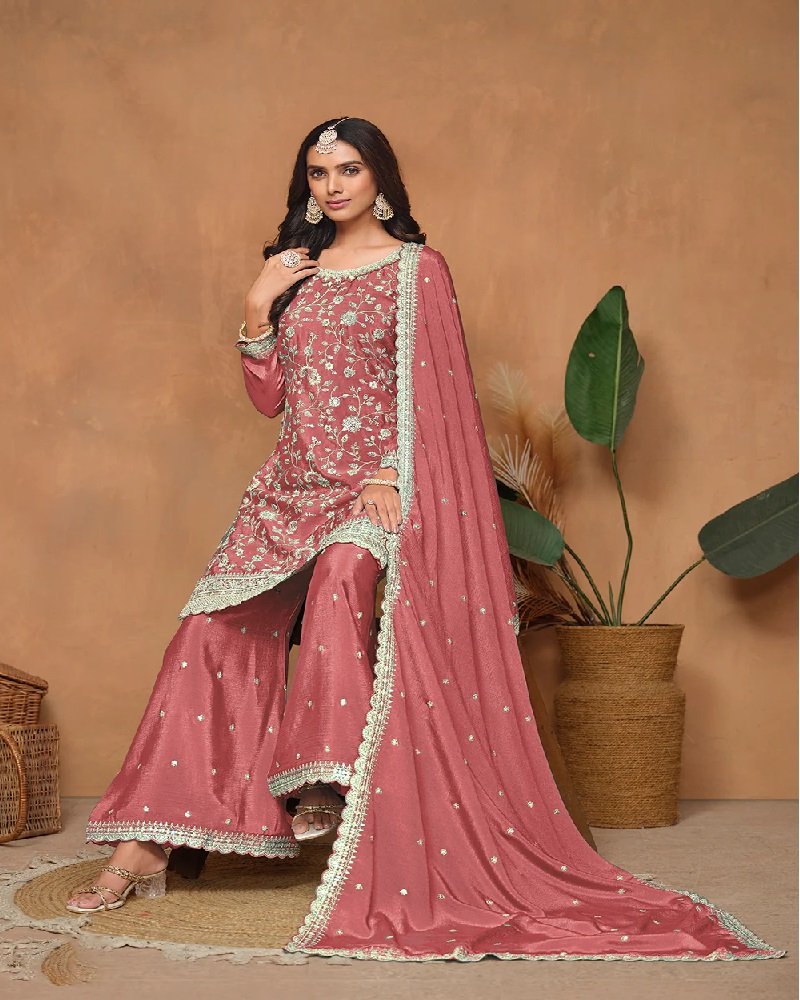 Elegant Chinon Silk Resham & Sequins Palazzo Suit - Image 9