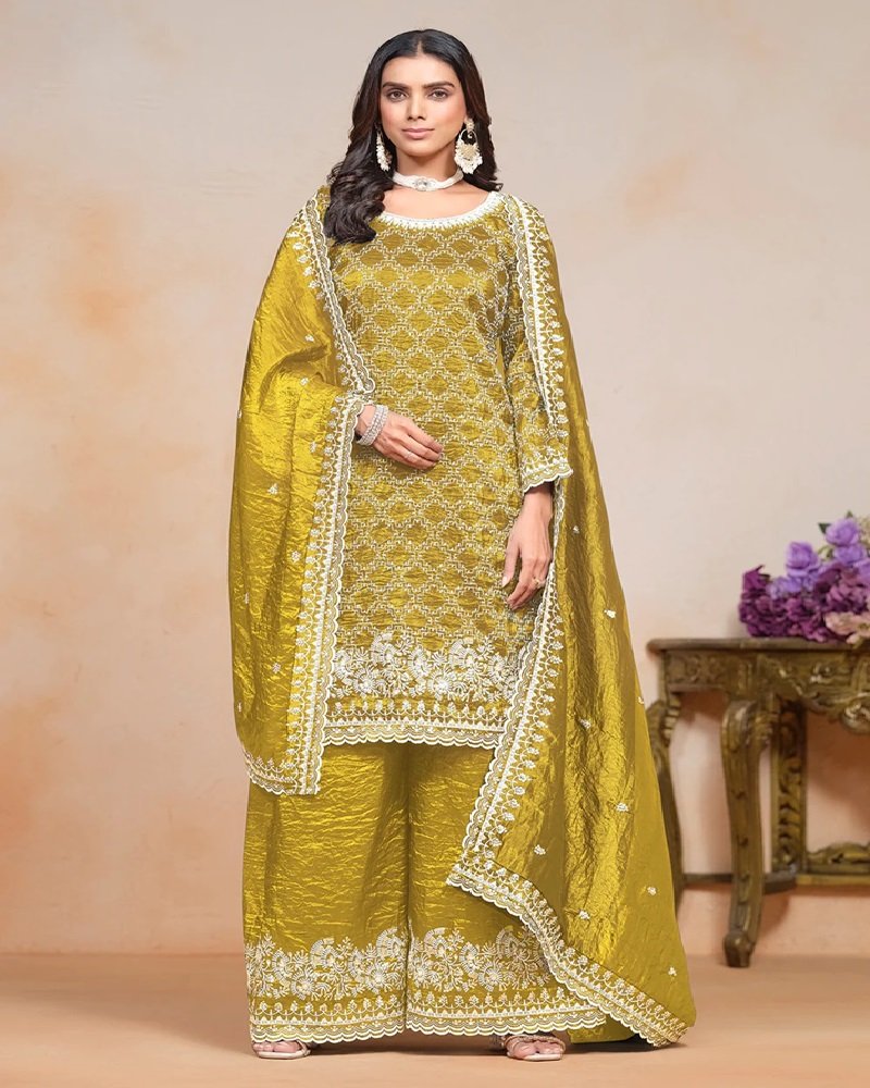 Mustard Gold Crushed Embroidered Palazzo Suit