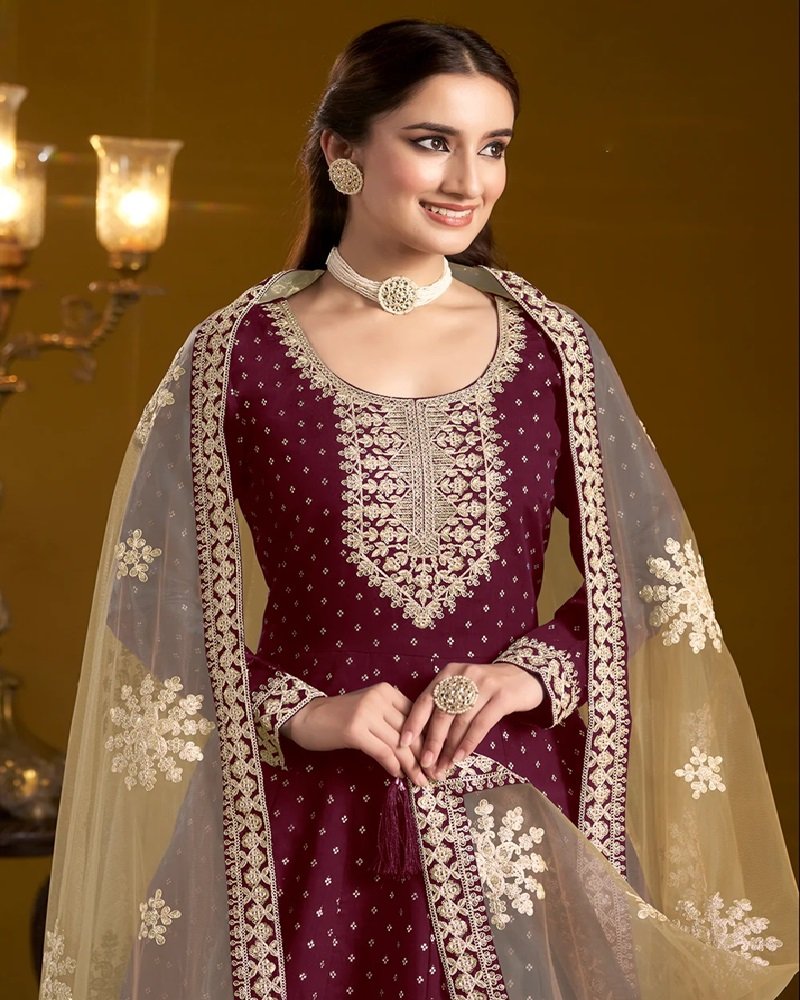 Designer Elegant Chanderi Butti Embroidered Anarkali Suit - Image 12