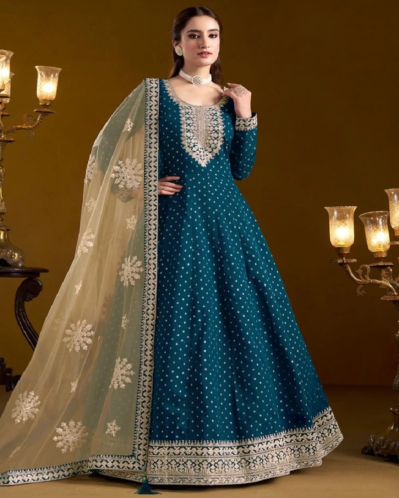 Designer Elegant Chanderi Butti Embroidered Anarkali Suit - Image 9