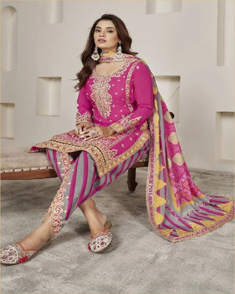 Georgeous Designer Dhoti Style Chinnon Silk Suit - Image 11