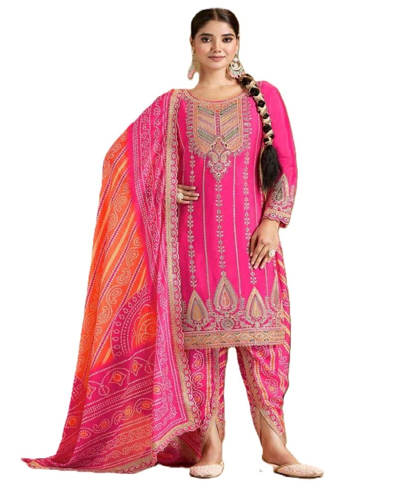 Orange Bandhani Print Chinon Dhoti Style Suit - Image 7