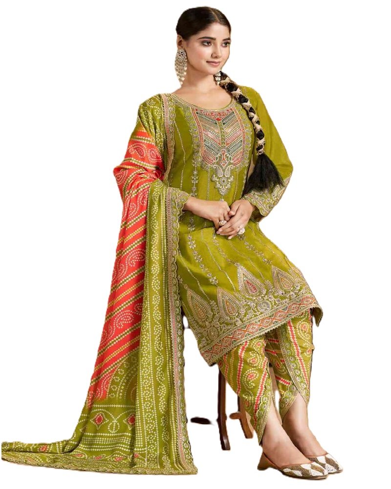 Orange Bandhani Print Chinon Dhoti Style Suit - Image 2