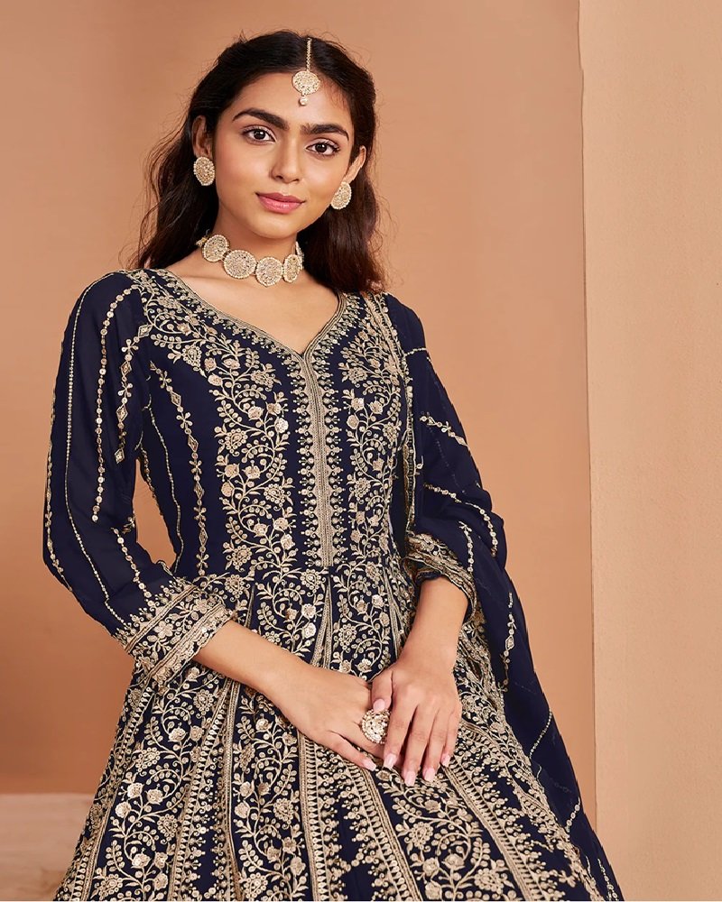 Stunning Heavy Embroidered Faux Georgette Anarkali Suit - Image 12