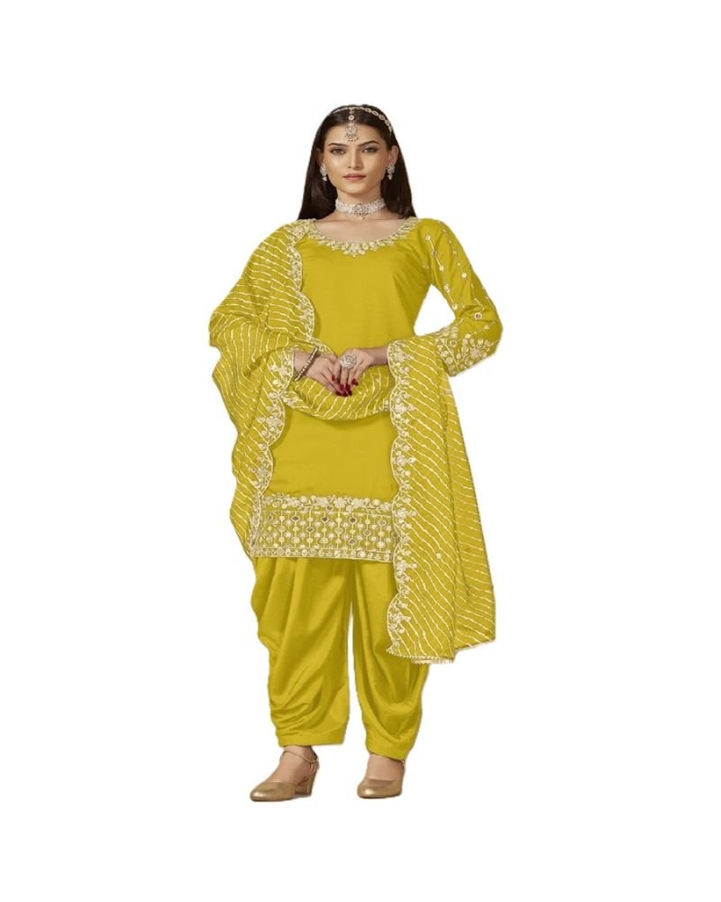 Mustard Yellow Roman Silk Punjabi Patiala Suit - Image 2