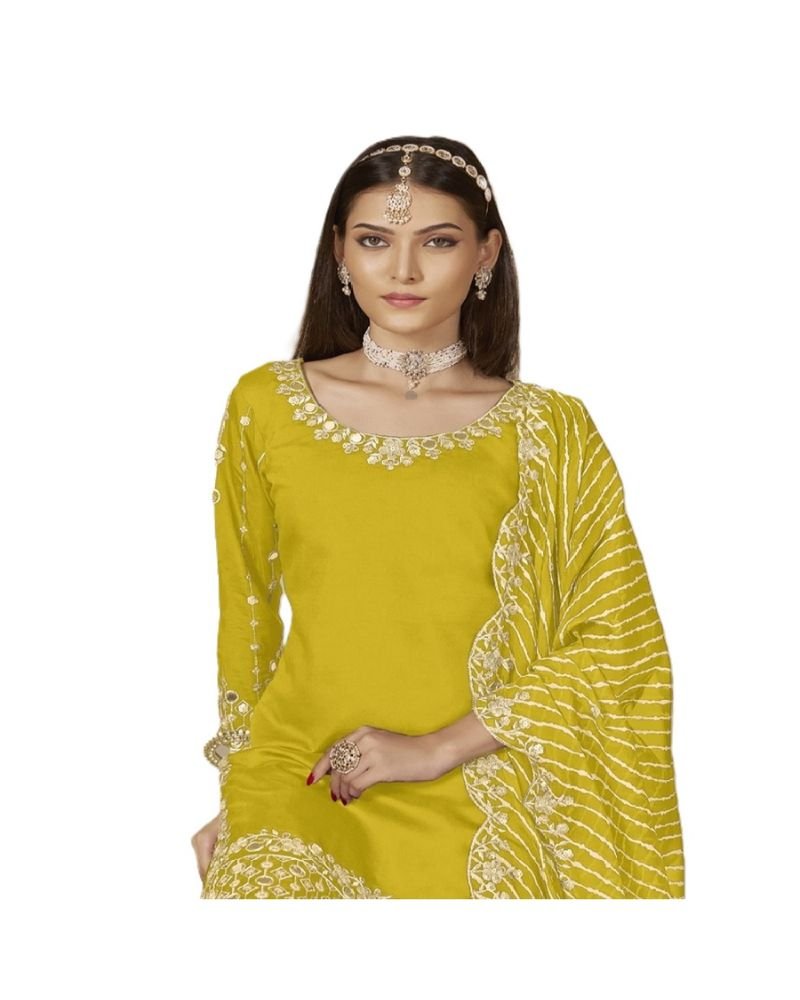 Mustard Yellow Roman Silk Punjabi Patiala Suit - Image 3
