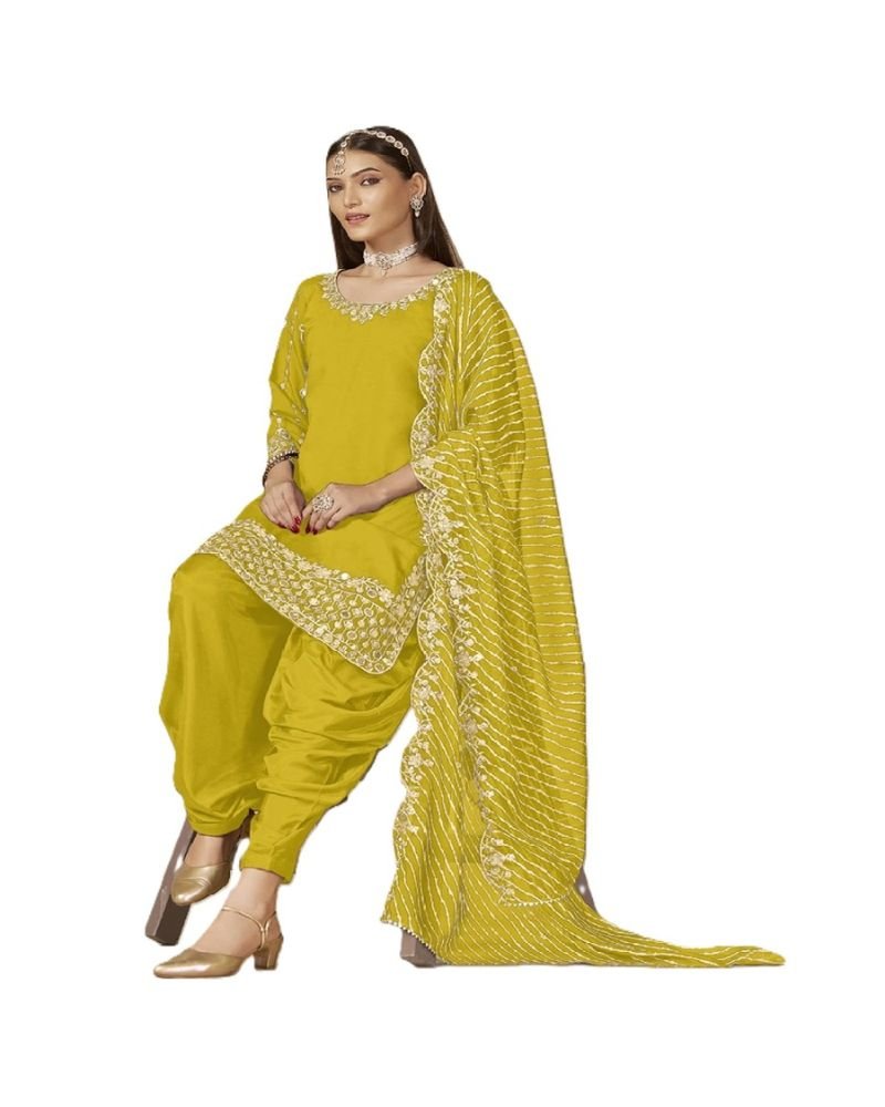 Mustard Yellow Roman Silk Punjabi Patiala Suit - Image 4