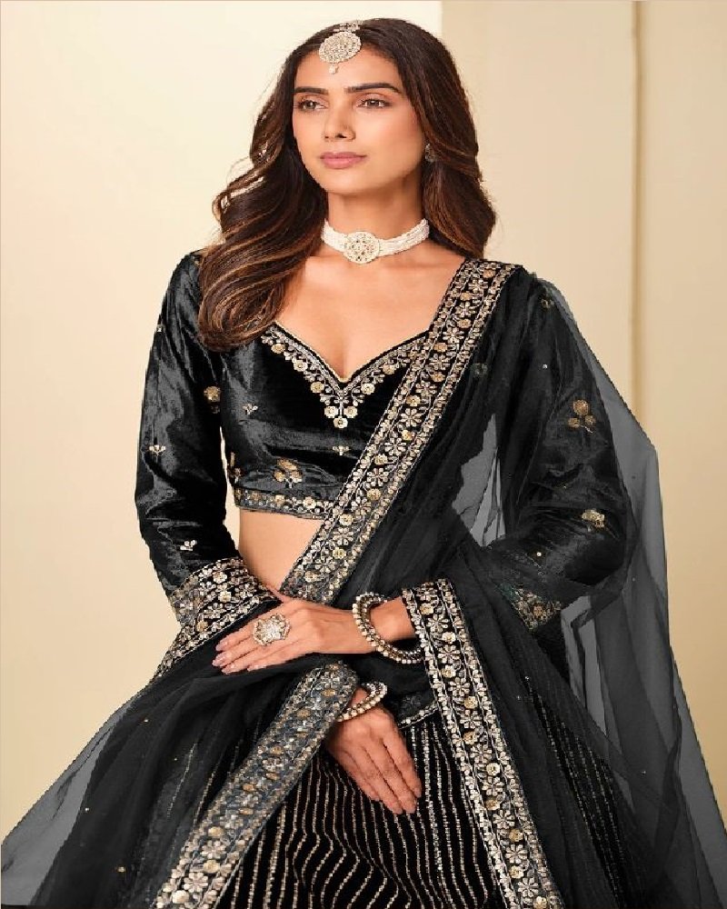 Royal Velvet Embroidered Wedding Lehenga Choli - Image 4