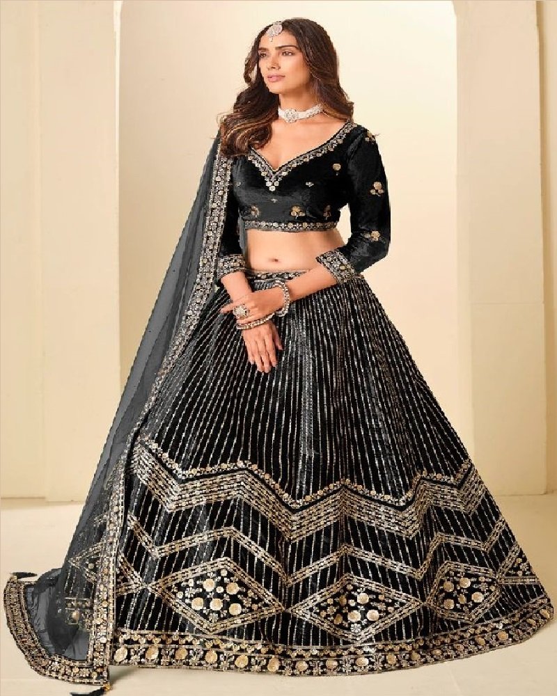 Royal Velvet Embroidered Wedding Lehenga Choli - Image 3