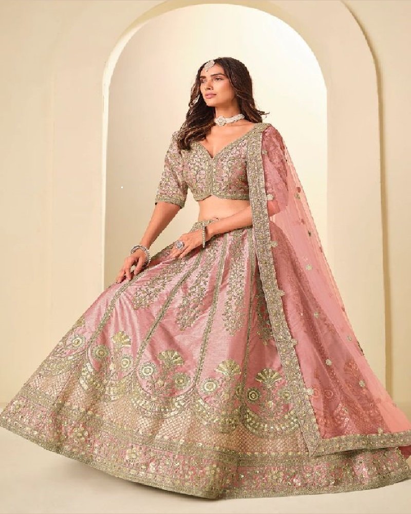 Regal Gold Embroidered Art Silk Wedding Lehenga Choli - Image 3