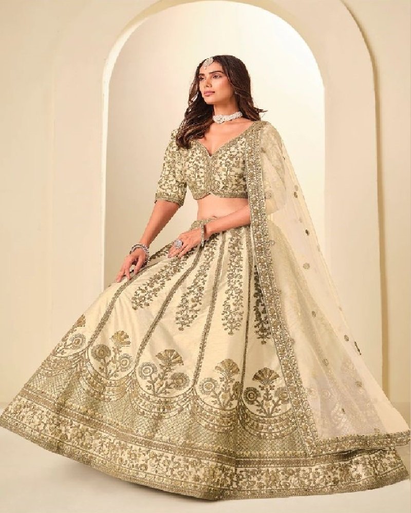 Regal Gold Embroidered Art Silk Wedding Lehenga Choli - Image 8