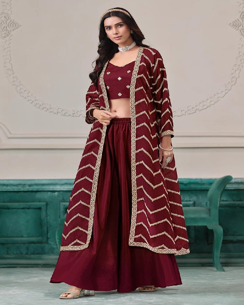Designer Chinon Silk Jacket Style Party Palazzo Suit - Image 4