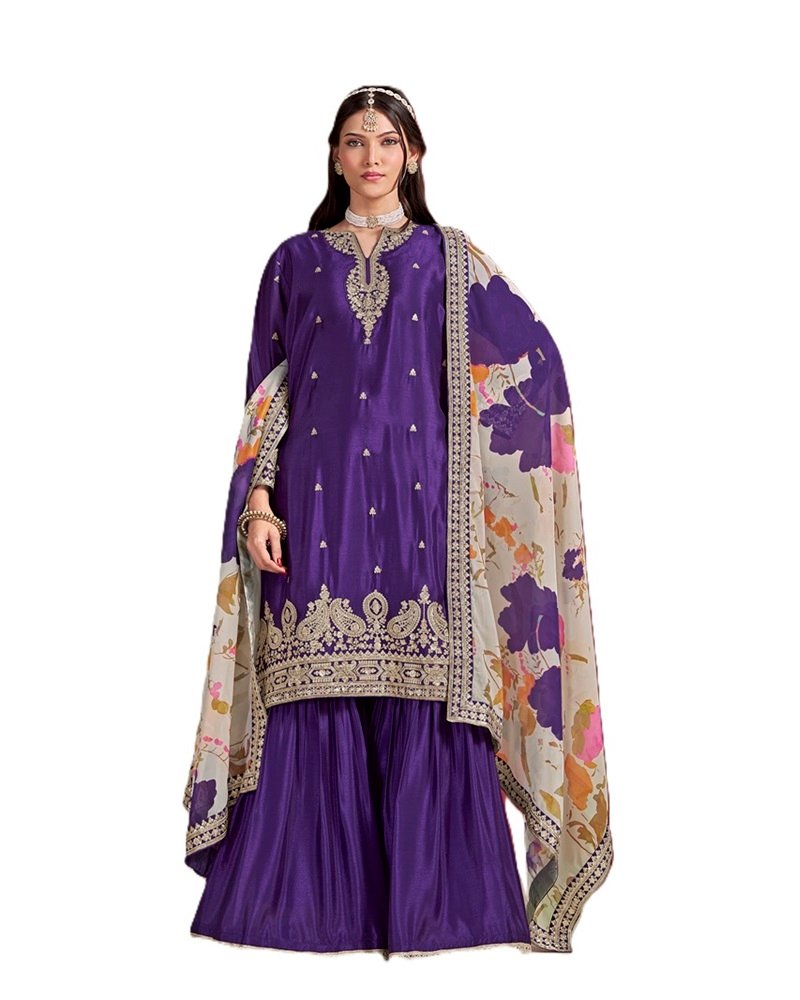 Elegant Embroidery Chinnon Silk Sharara Suit - Image 9