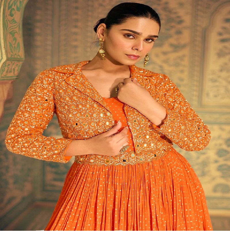 Orange Designer Embroidered Anarkali Gown with Jacket - Image 3