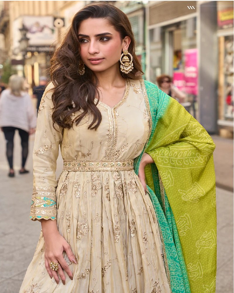 Champagne Gold Heavy Anarkali Gown with Dupatta - Image 3