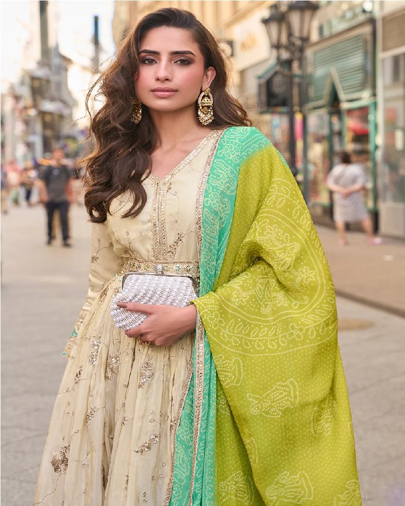 Champagne Gold Heavy Anarkali Gown with Dupatta - Image 2