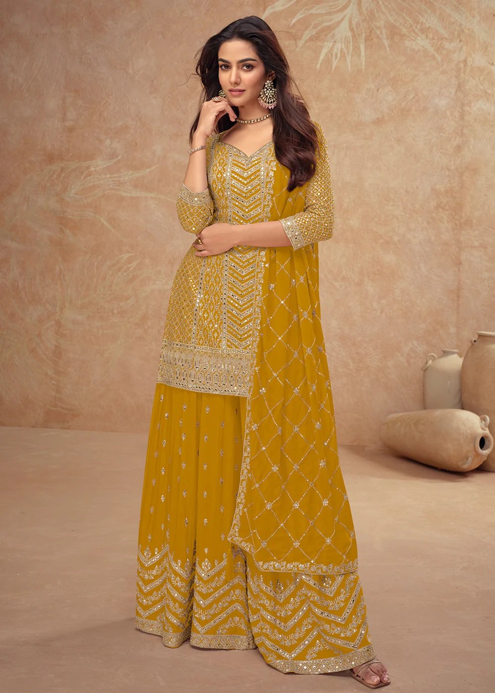 Rani Pink Embroidered Chinnon Silk Festive Palazzo Suit - Image 3