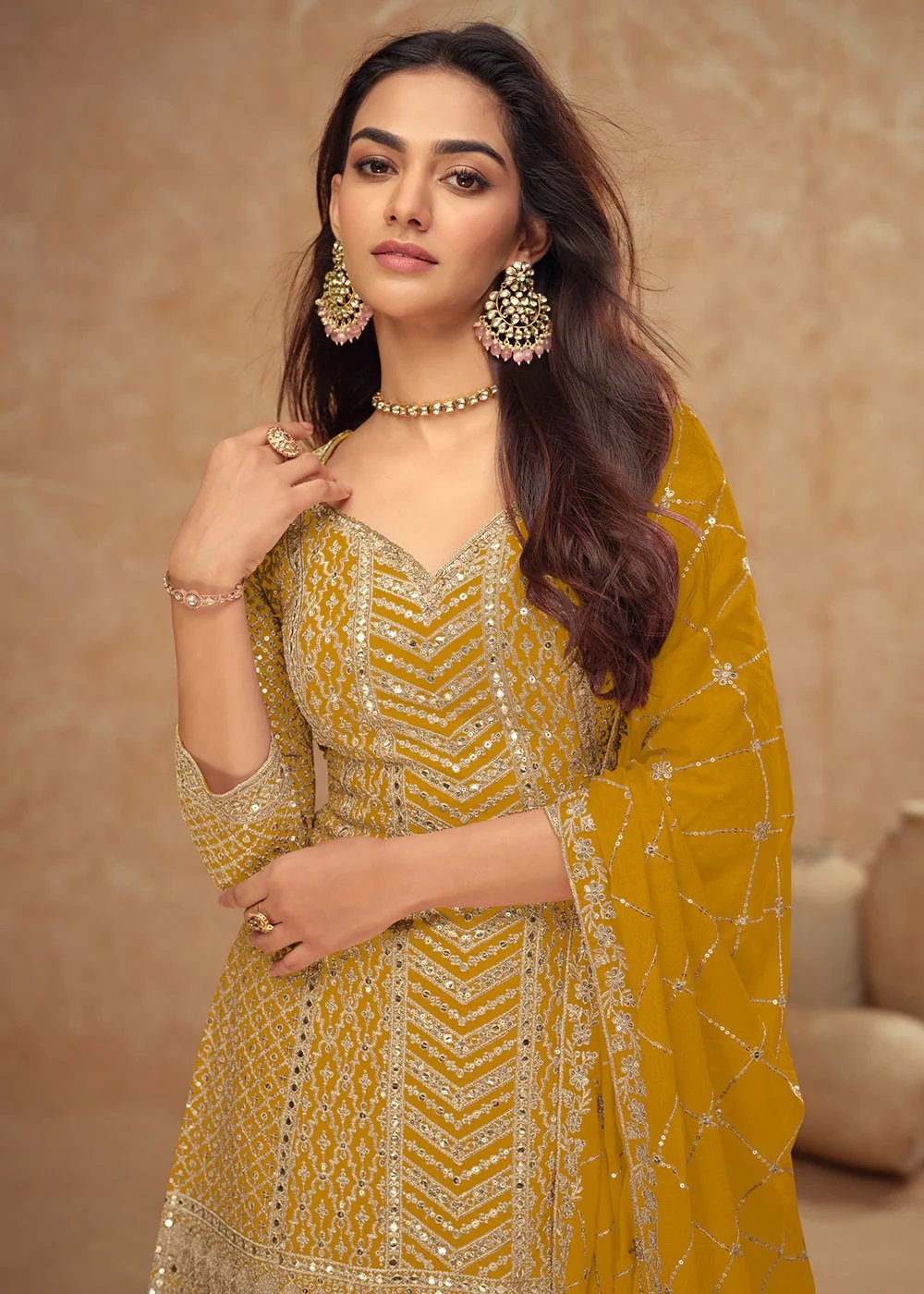 Rani Pink Embroidered Chinnon Silk Festive Palazzo Suit - Image 4