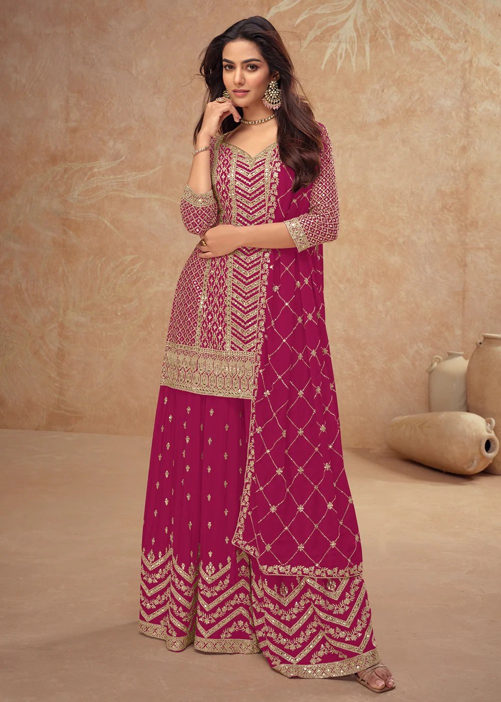 Rani Pink Embroidered Chinnon Silk Festive Palazzo Suit - Image 5