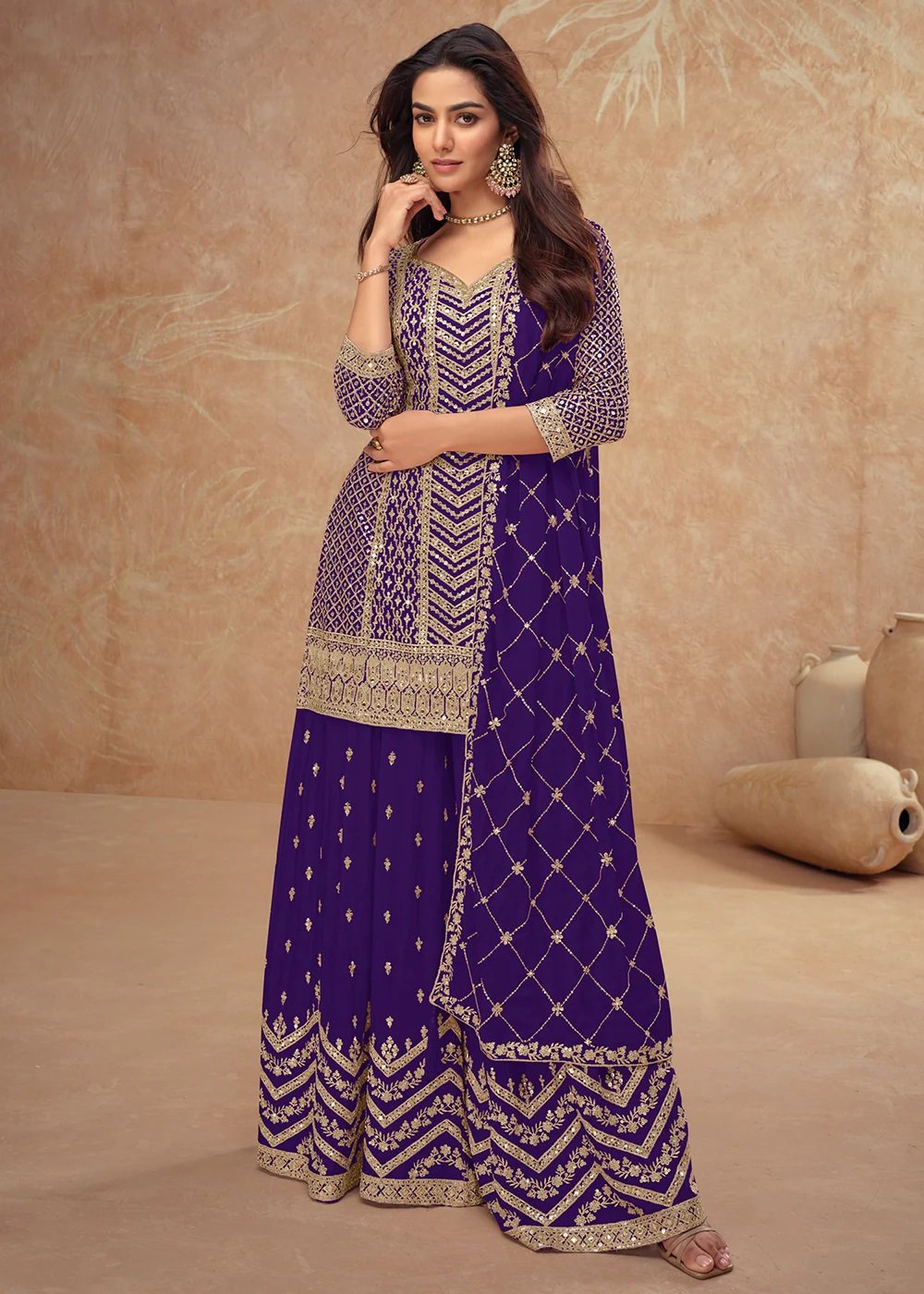Rani Pink Embroidered Chinnon Silk Festive Palazzo Suit - Image 8