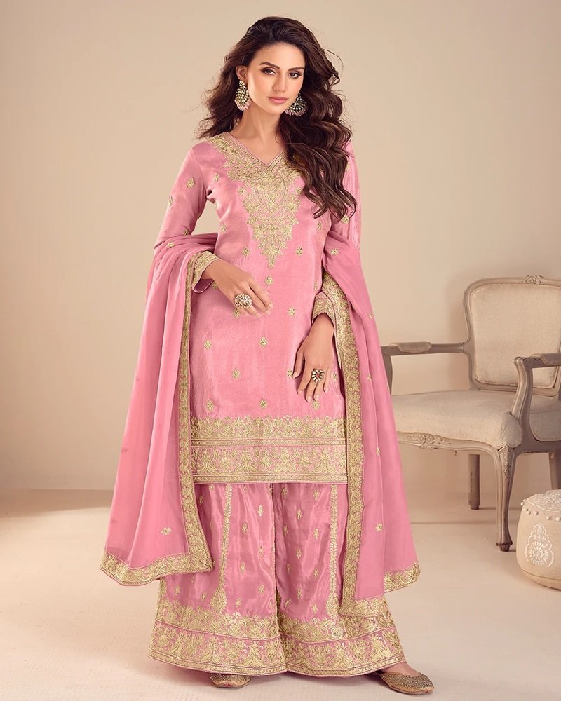 Stunning Simar Silk Embroidered Festive Palazzo Suit
