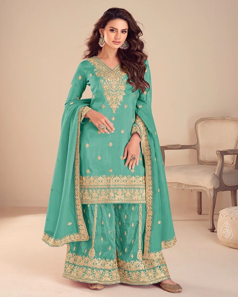 Stunning Simar Silk Embroidered Festive Palazzo Suit - Image 5