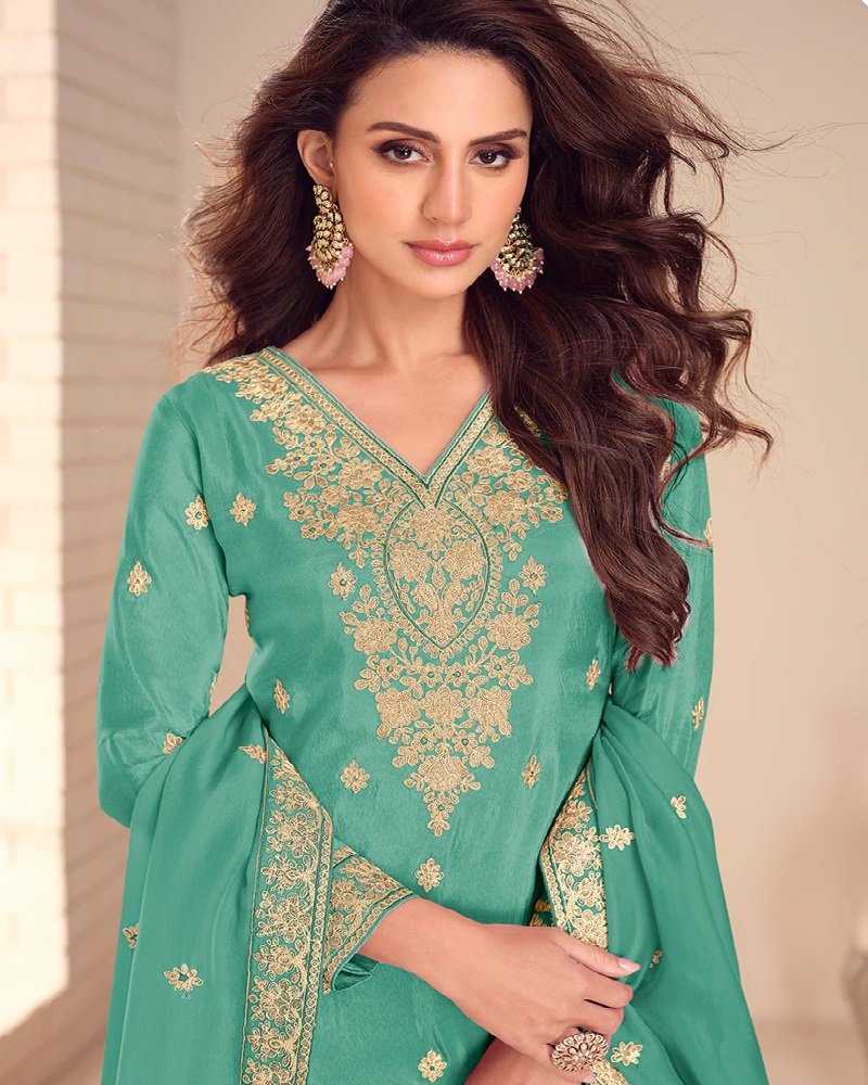 Stunning Simar Silk Embroidered Festive Palazzo Suit - Image 6