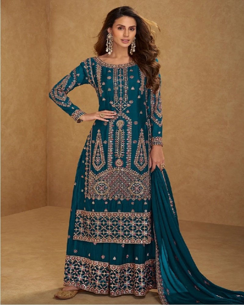 Stunning Embroidered Chinnon Silk Palazzo Style Suit - Image 5