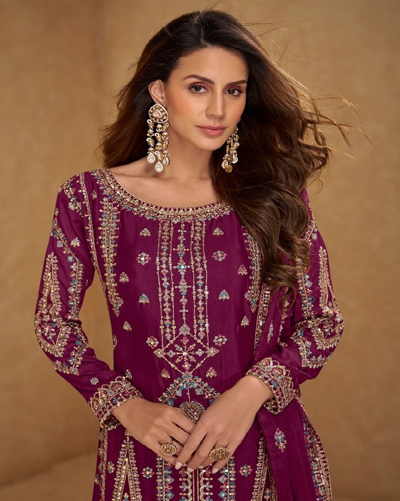 Stunning Embroidered Chinnon Silk Palazzo Style Suit - Image 2