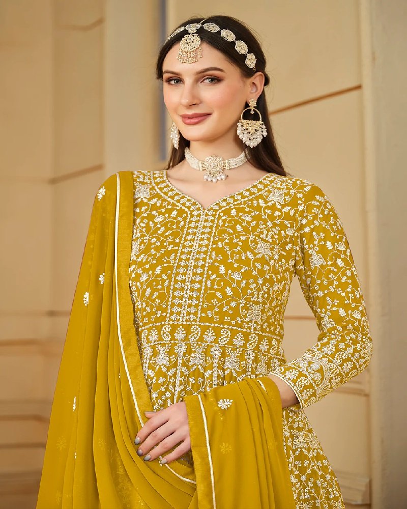 Wedding EleganceThread & Sequins Embroidered Faux Georgette Anarkali Suit - Image 2