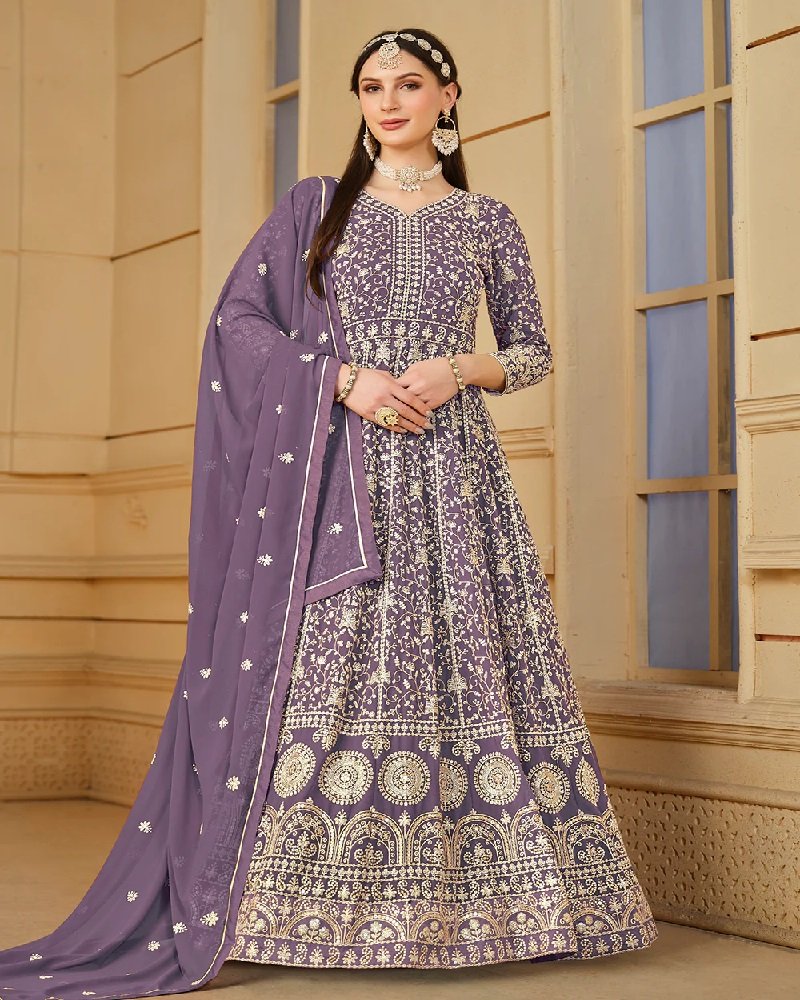 Wedding EleganceThread & Sequins Embroidered Faux Georgette Anarkali Suit - Image 5