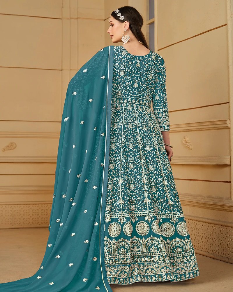 Wedding EleganceThread & Sequins Embroidered Faux Georgette Anarkali Suit - Image 10